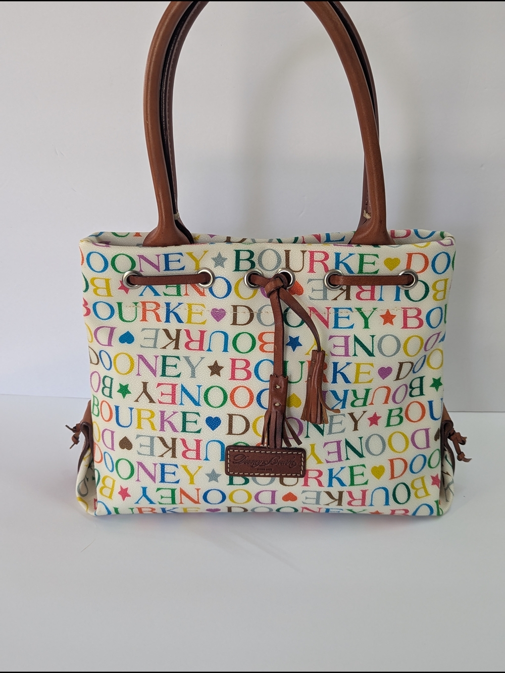 Dooney & Bourke Y2K Multicolor Logo Canvas Tote Bag White Leather Rainbow